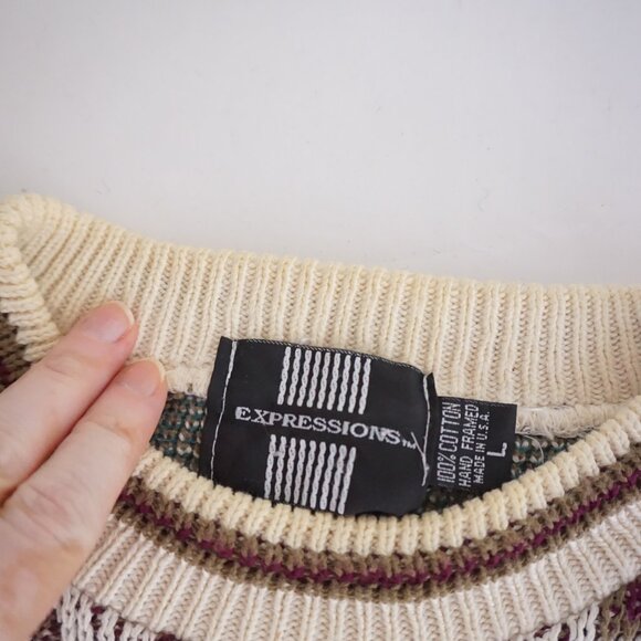 VTG Expressions Ivory Cotton Patterned Knit Retro Cabincore Eclectic Sweater L - Picture 11 of 12
